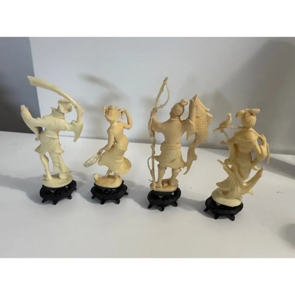 4 Statues Lot Asian Plastic Figurines Fish Sword Collectibles - Made in Italy